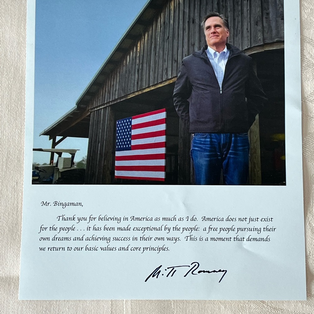 Mitt Romney Presidential Campaign Photo with Signature